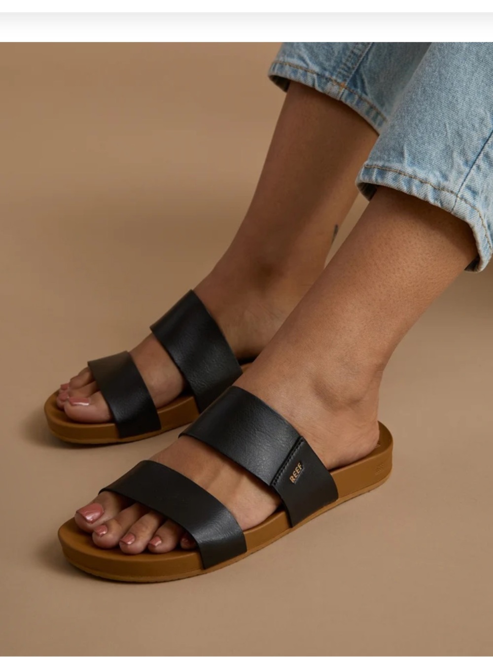 Reef Women's Two-Strap Slide Sandals in Black and Tan